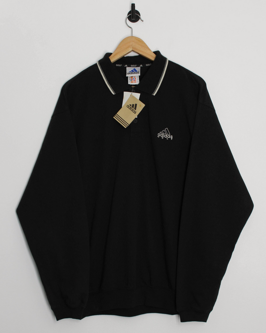 00s Adidas Black Long Sleeve Polo-Shirt Sweatshirt with Tags (L)