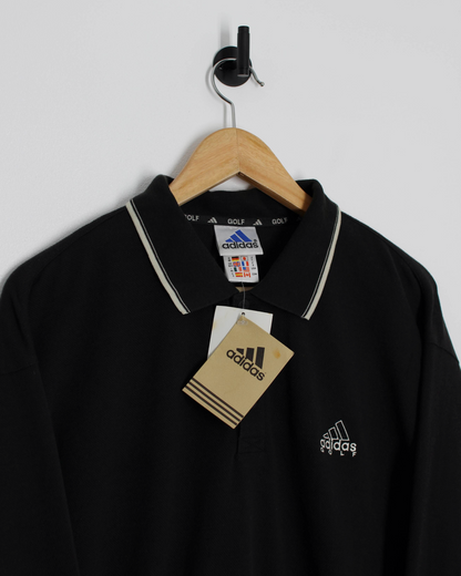 00s Adidas Black Long Sleeve Polo-Shirt Sweatshirt with Tags (L)