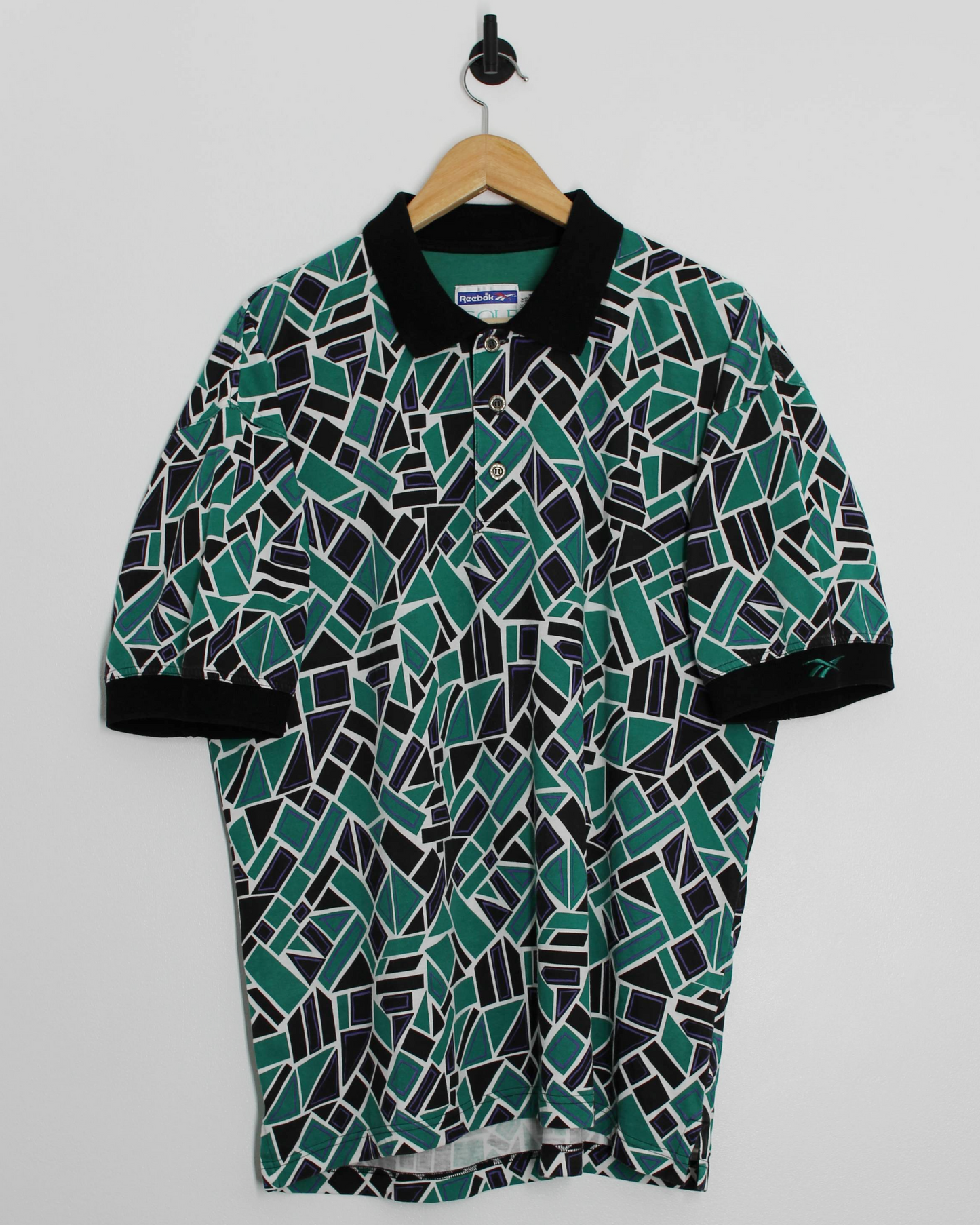 90s Reebok Abstract Green/Black Polo-Shirt (L)