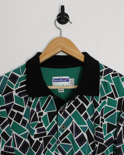 90s Reebok Abstract Green/Black Polo-Shirt (L)