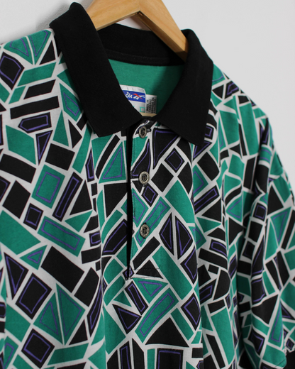 90s Reebok Abstract Green/Black Polo-Shirt (L)