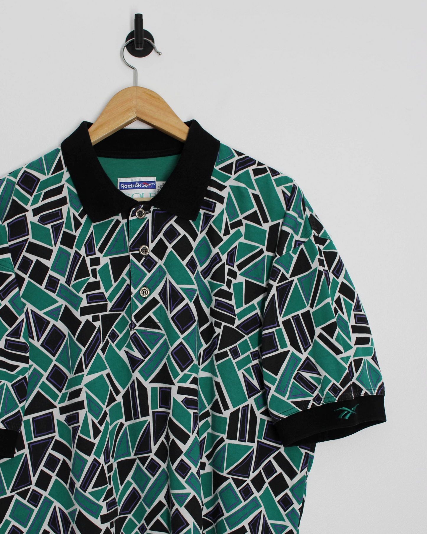 90s Reebok Abstract Green/Black Polo-Shirt (L)