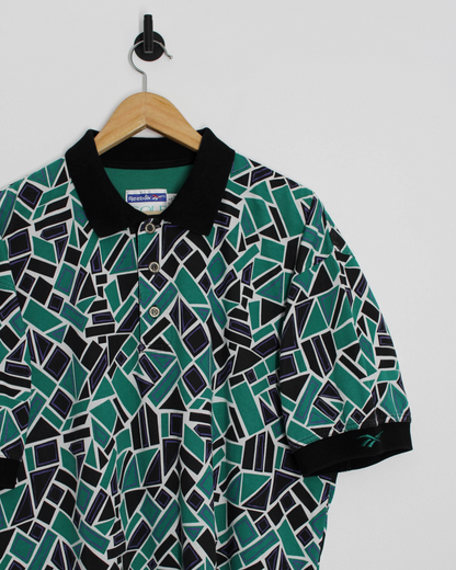 90s Reebok Abstract Green/Black Polo-Shirt (L)
