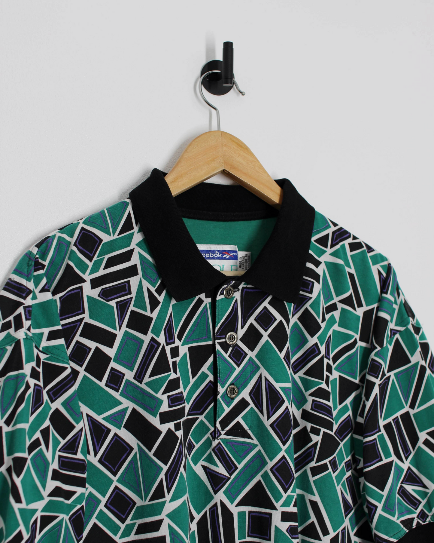 90s Reebok Abstract Green/Black Polo-Shirt (L)