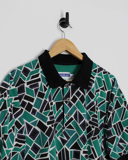 90s Reebok Abstract Green/Black Polo-Shirt (L)