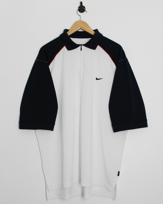 00s Nike Tiger Woods White/Navy Zipped Polo-Shirt (XXL)