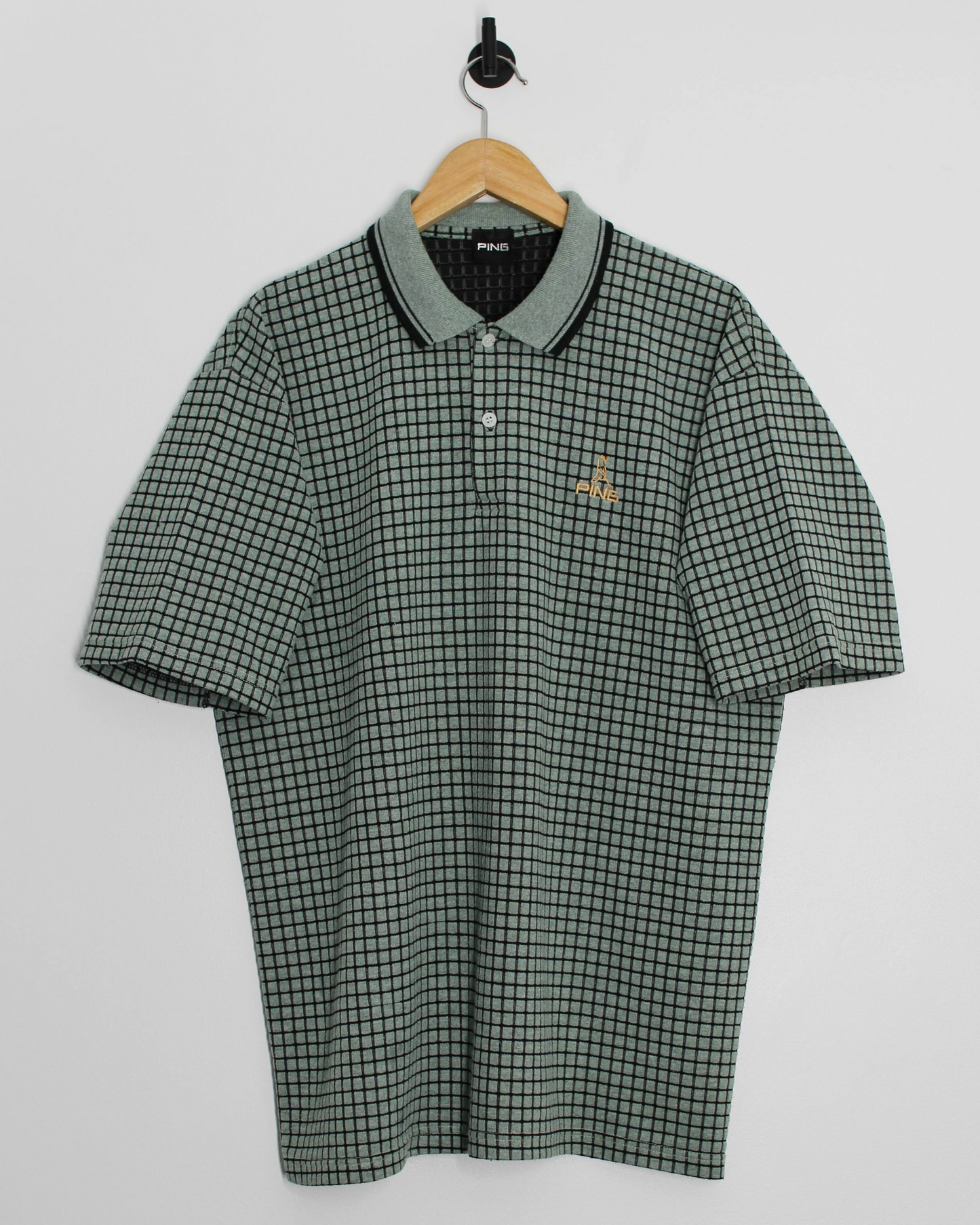 90s Ping ‘Mr Ping’ Textured Green/Black Chequered Polo-Shirt (L)