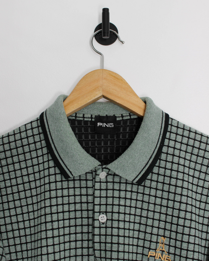 90s Ping ‘Mr Ping’ Textured Green/Black Chequered Polo-Shirt (L)