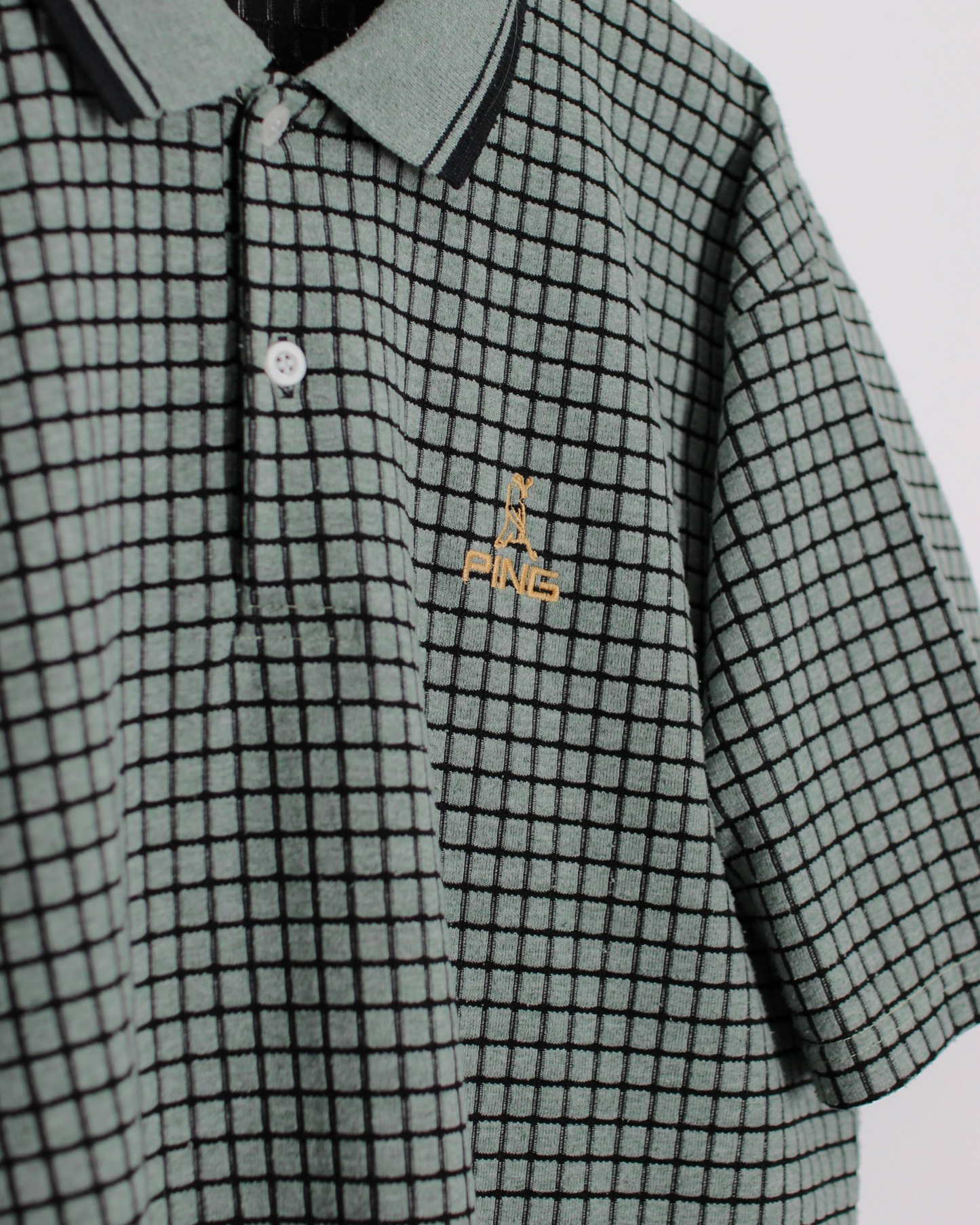 90s Ping ‘Mr Ping’ Textured Green/Black Chequered Polo-Shirt (L)