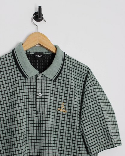 90s Ping ‘Mr Ping’ Textured Green/Black Chequered Polo-Shirt (L)