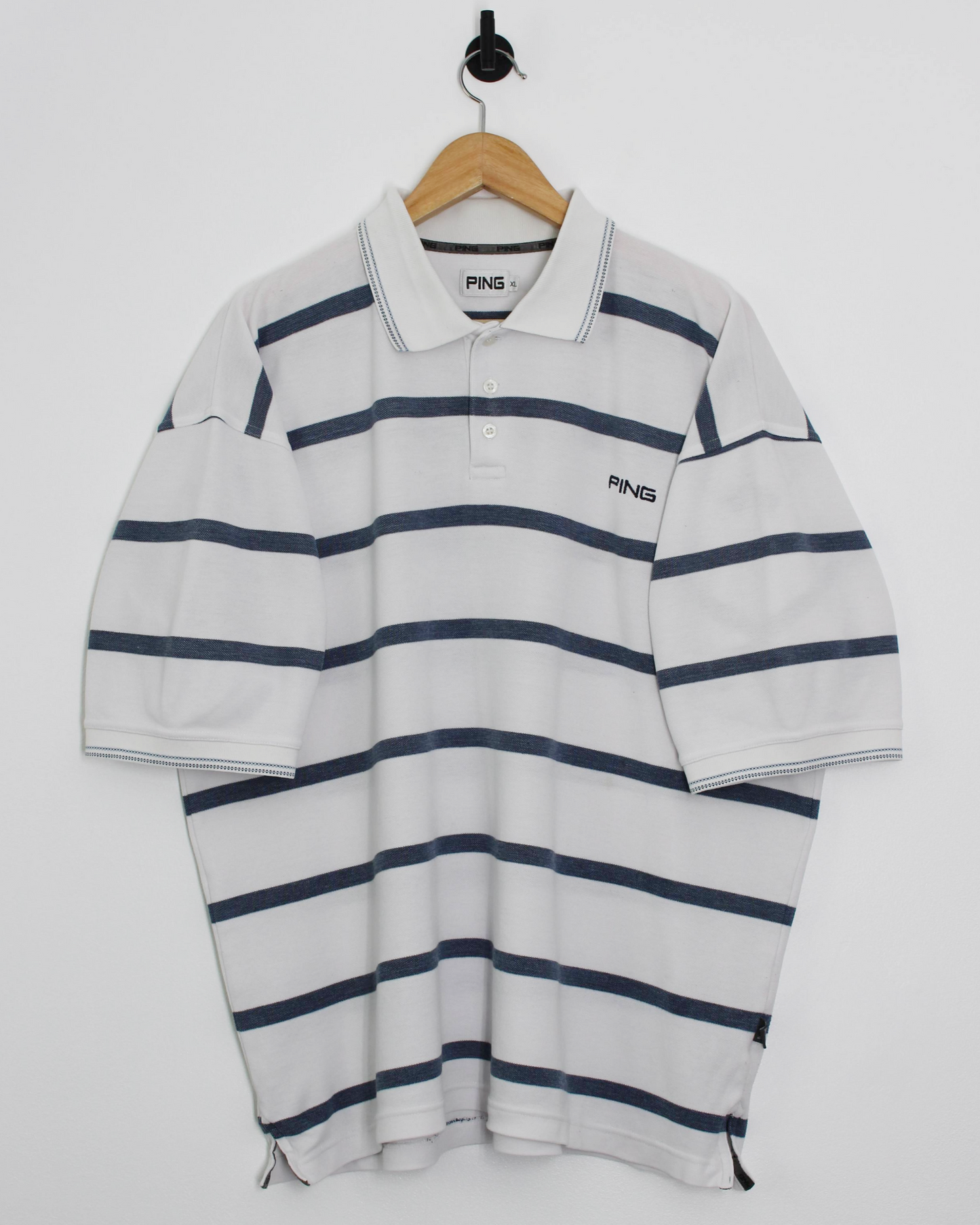 00s Ping ‘Mr Ping’ Logo White/Blue Striped Polo (XL)