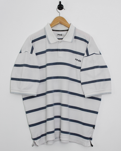 00s Ping ‘Mr Ping’ Logo White/Blue Striped Polo (XL)