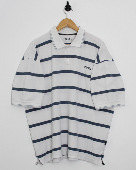 00s Ping ‘Mr Ping’ Logo White/Blue Striped Polo (XL)