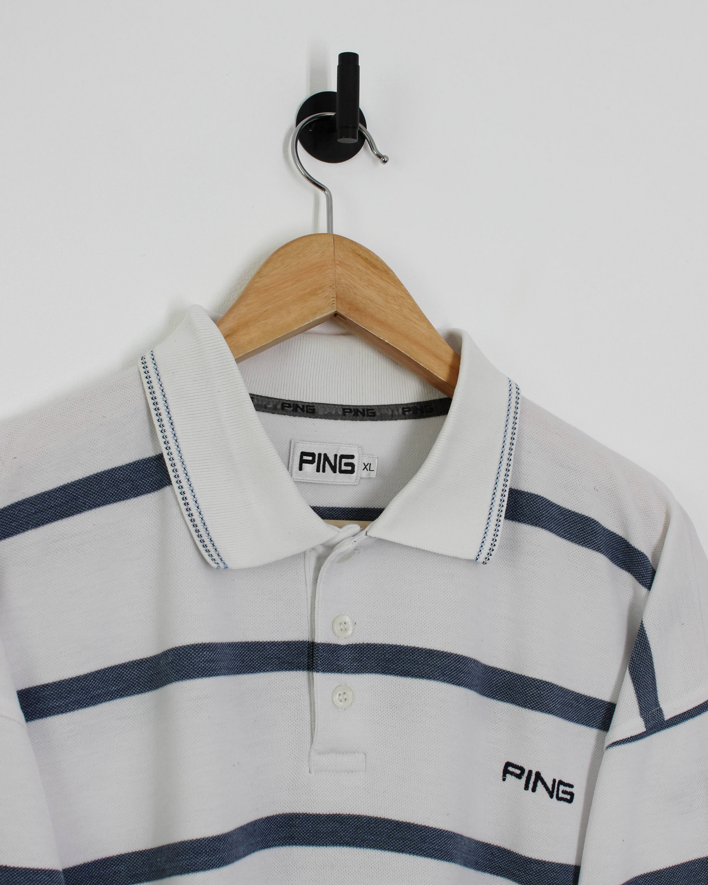 00s Ping ‘Mr Ping’ Logo White/Blue Striped Polo (XL)