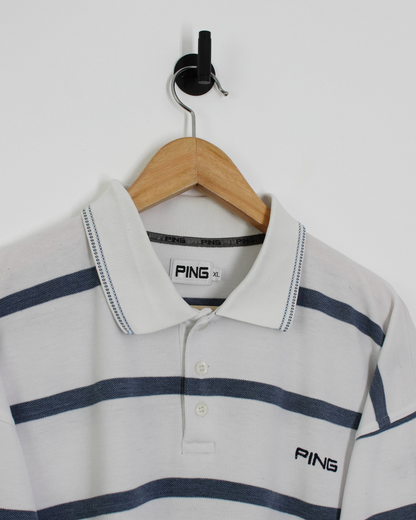 00s Ping ‘Mr Ping’ Logo White/Blue Striped Polo (XL)