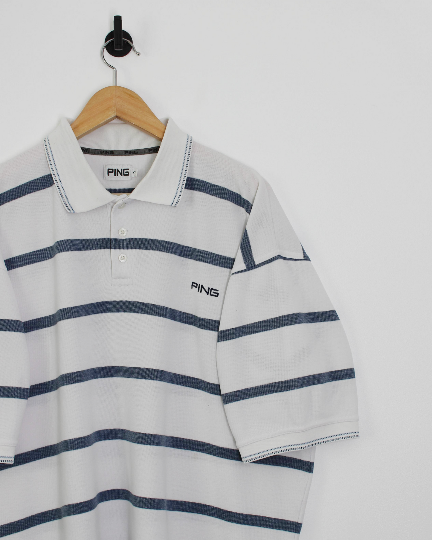 00s Ping ‘Mr Ping’ Logo White/Blue Striped Polo (XL)