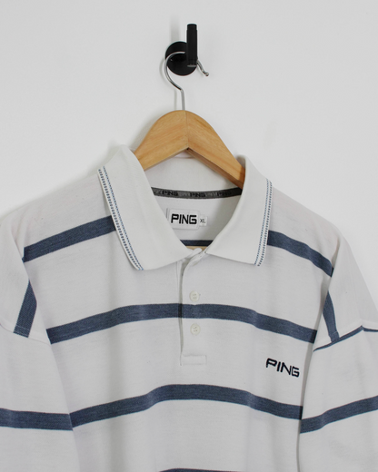 00s Ping ‘Mr Ping’ Logo White/Blue Striped Polo (XL)