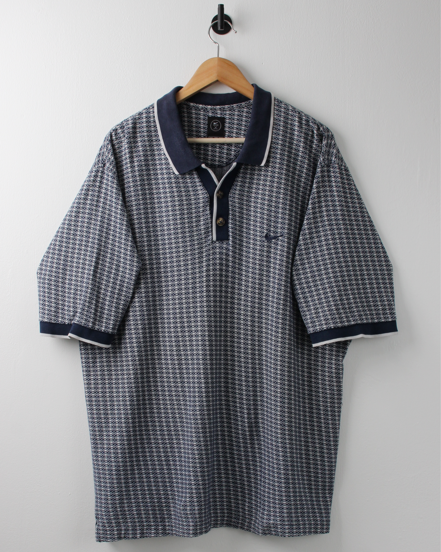 00s Nike Navy & White Geometric Pattern Polo (XXL)