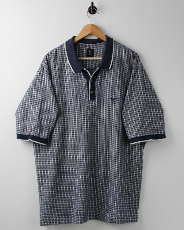 00s Nike Navy & White Geometric Pattern Polo (XXL)