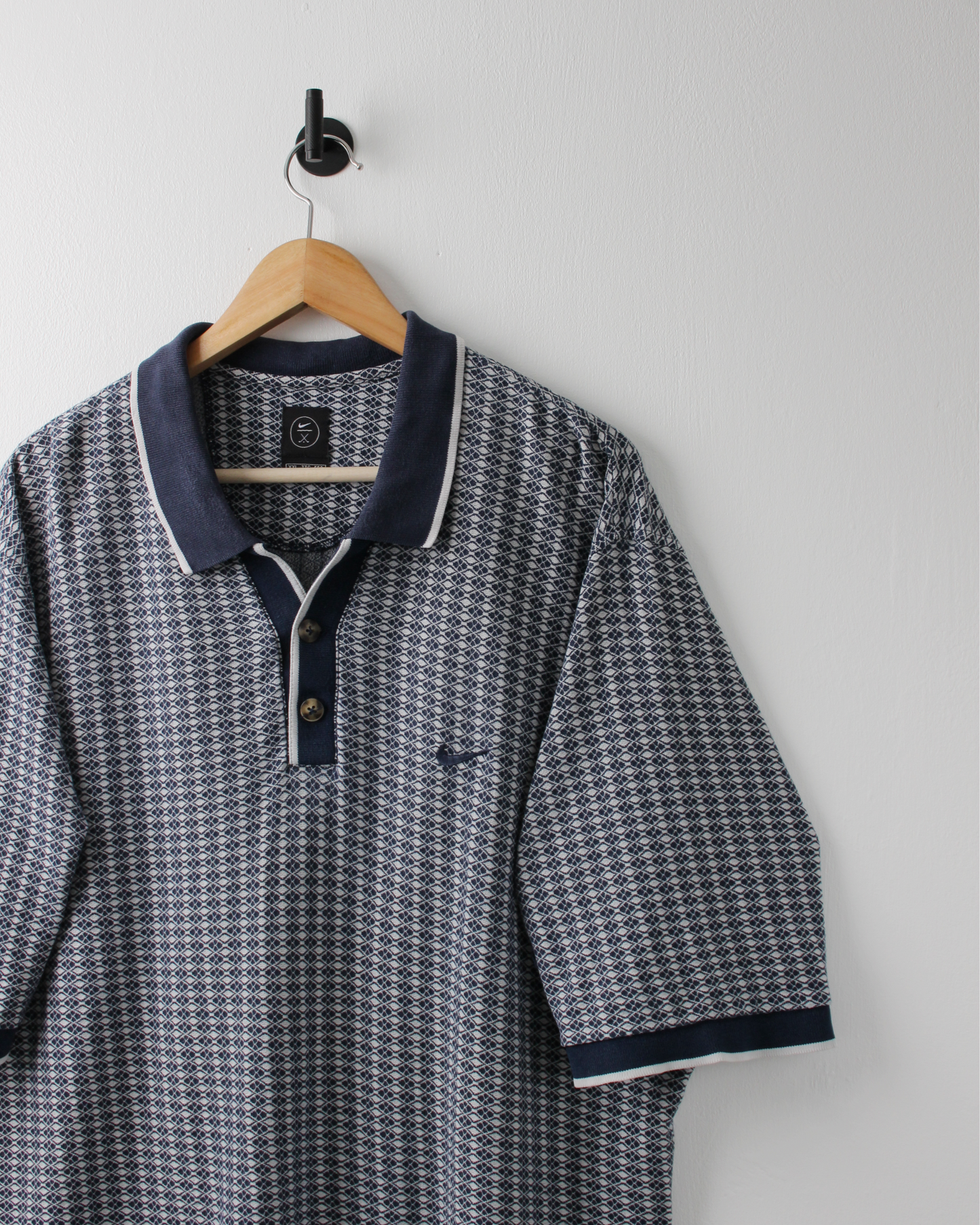 00s Nike Navy & White Geometric Pattern Polo (XXL)