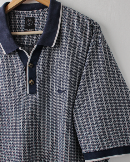 00s Nike Navy & White Geometric Pattern Polo (XXL)