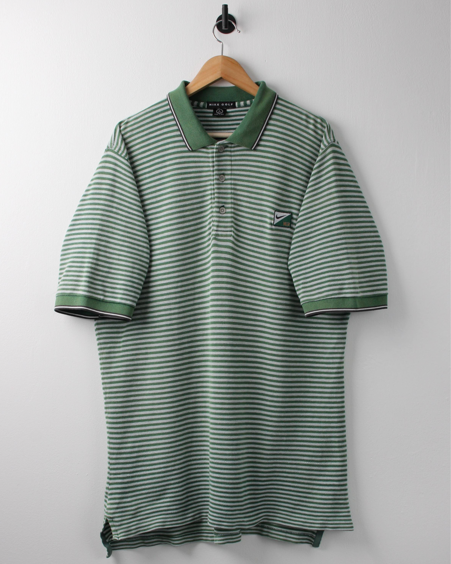 90s Nike Swoosh 18 Green & White Striped Polo (XL)
