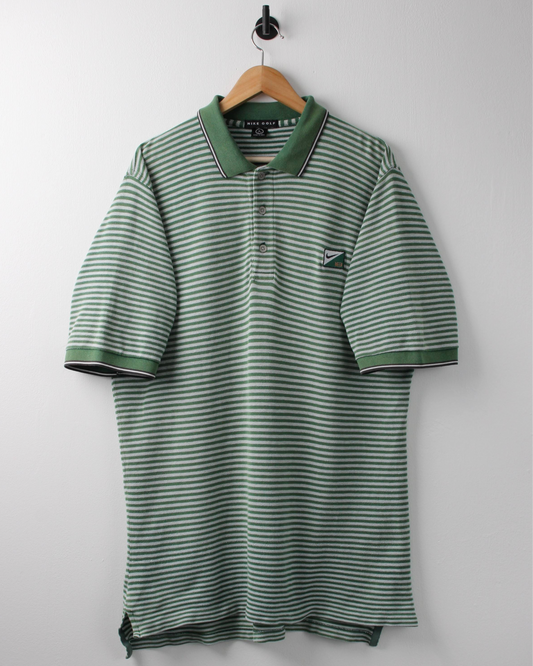 90s Nike Swoosh 18 Green & White Striped Polo (XL)