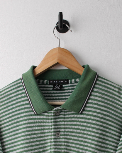 90s Nike Swoosh 18 Green & White Striped Polo (XL)