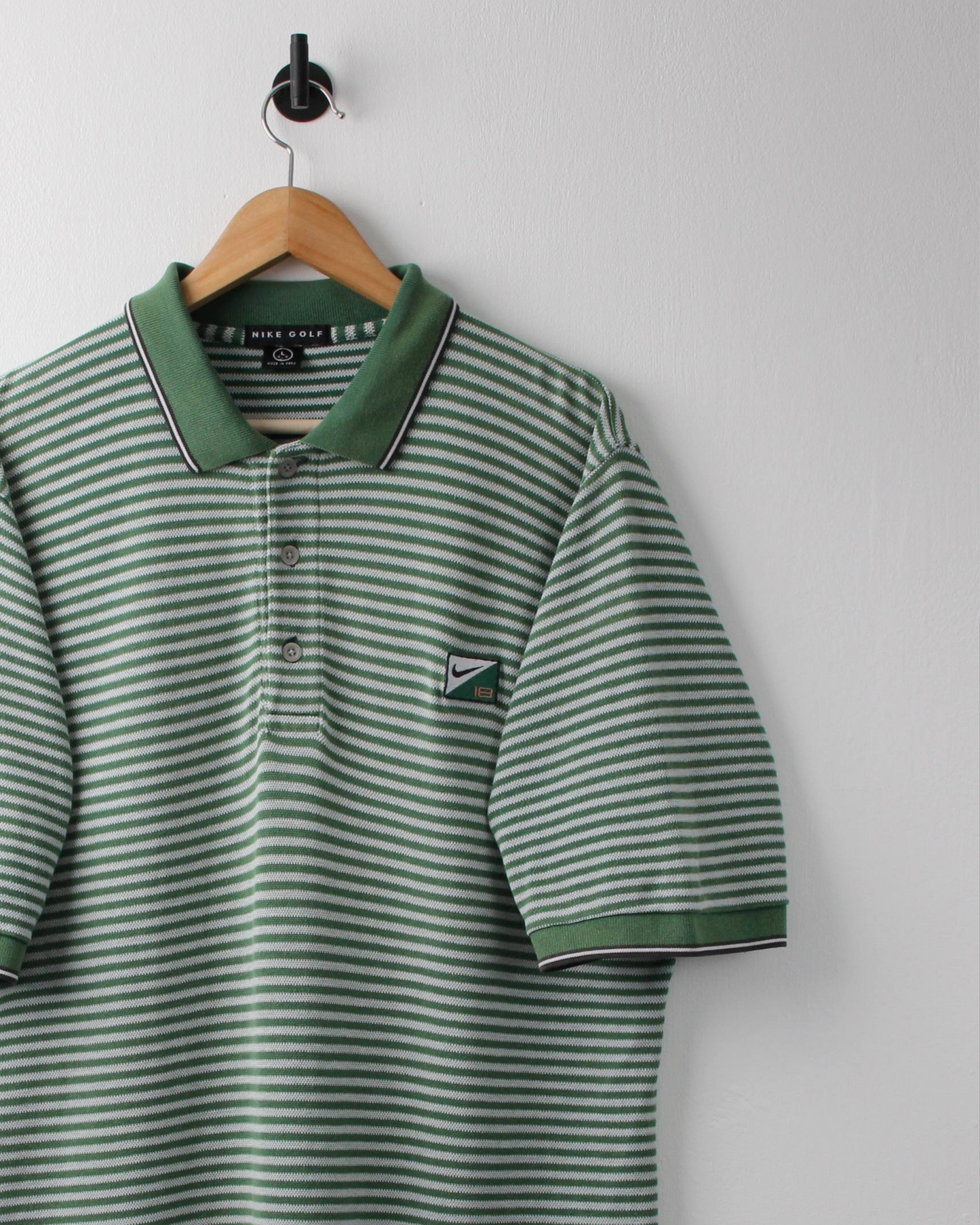 90s Nike Swoosh 18 Green & White Striped Polo (XL)