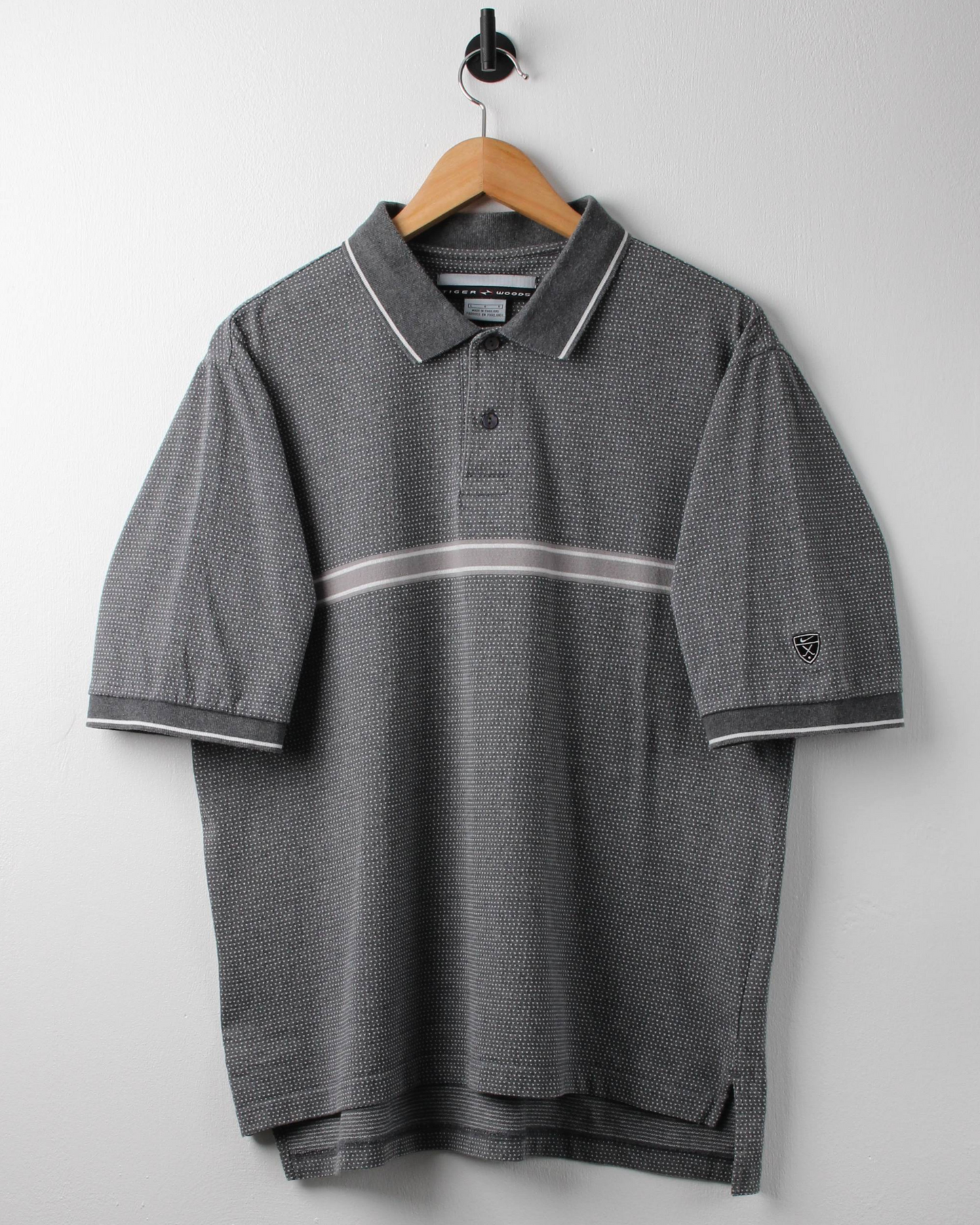 90s Nike Tiger Woods Grey & White Patterned Polo (M)