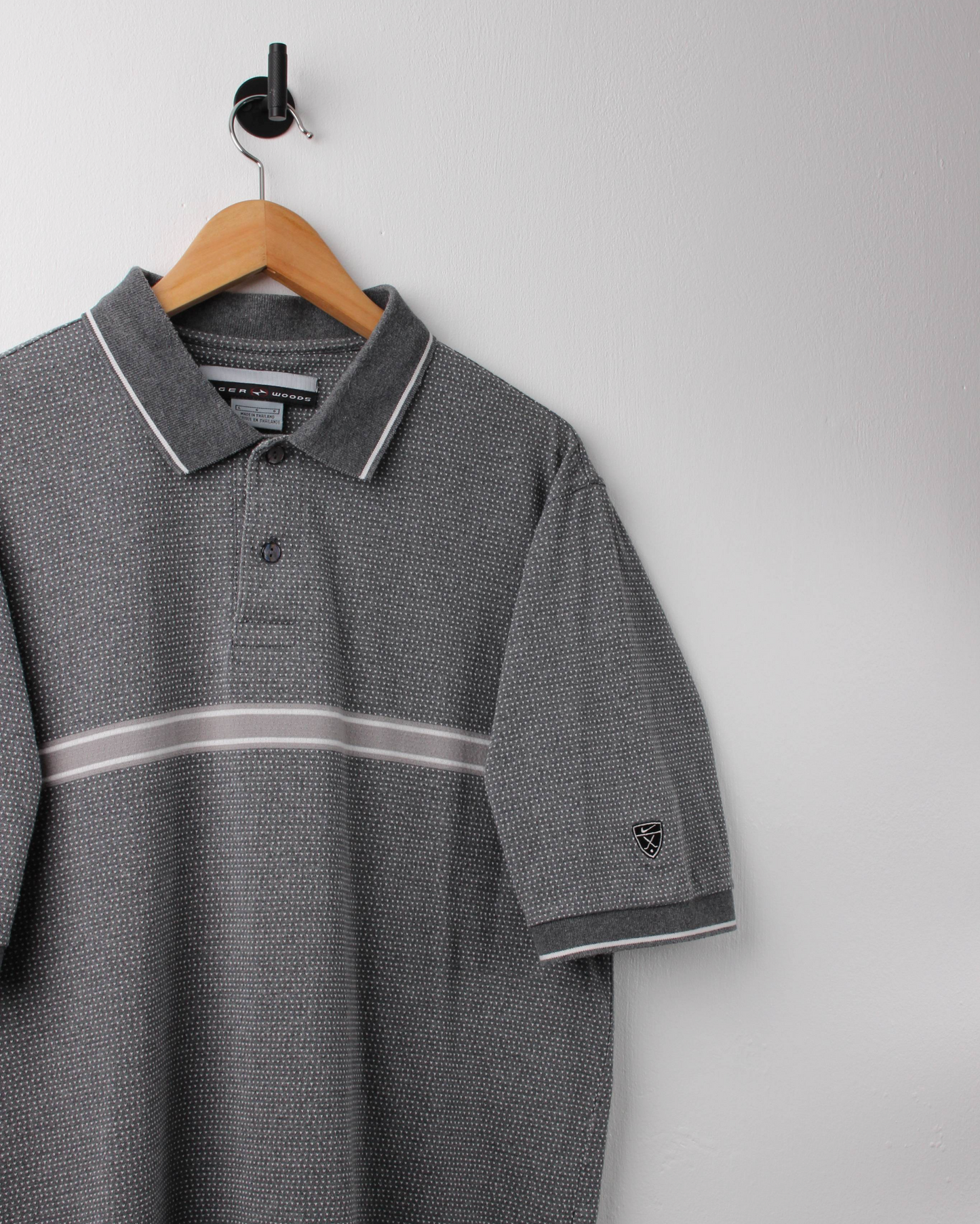 90s Nike Tiger Woods Grey & White Patterned Polo (M)