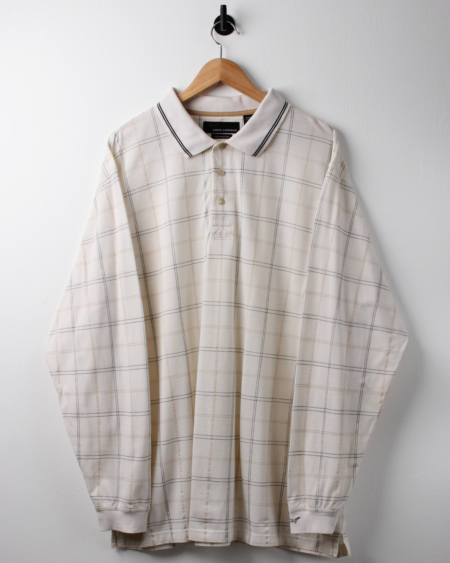 00s Greg Norman Cream Plaid Long Sleeve Polo (XL)