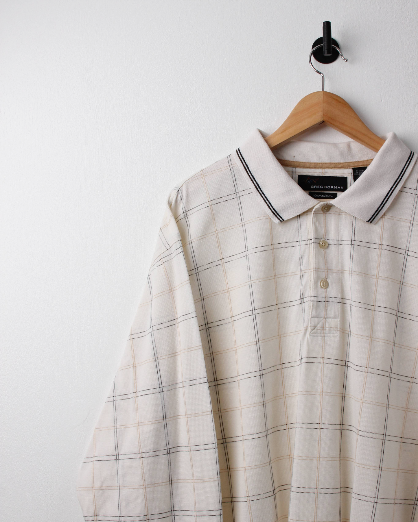 00s Greg Norman Cream Plaid Long Sleeve Polo (XL)