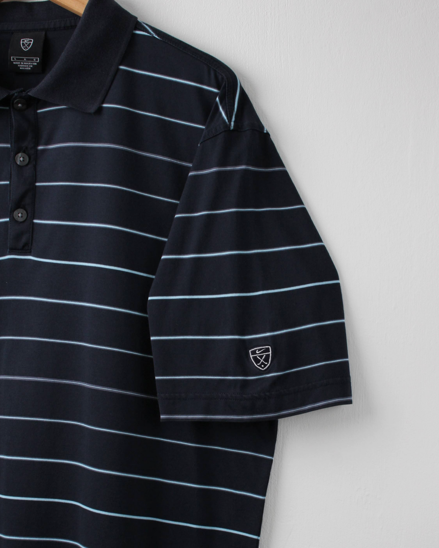00s Nike Shield Logo Navy & Blue Striped Polo (L)