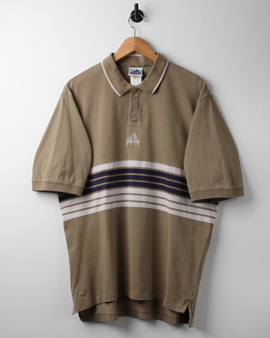 90s Adidas Centre Logo Khaki Striped Polo (M)