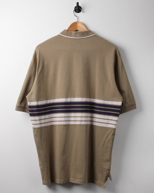 90s Adidas Centre Logo Khaki Striped Polo (M)