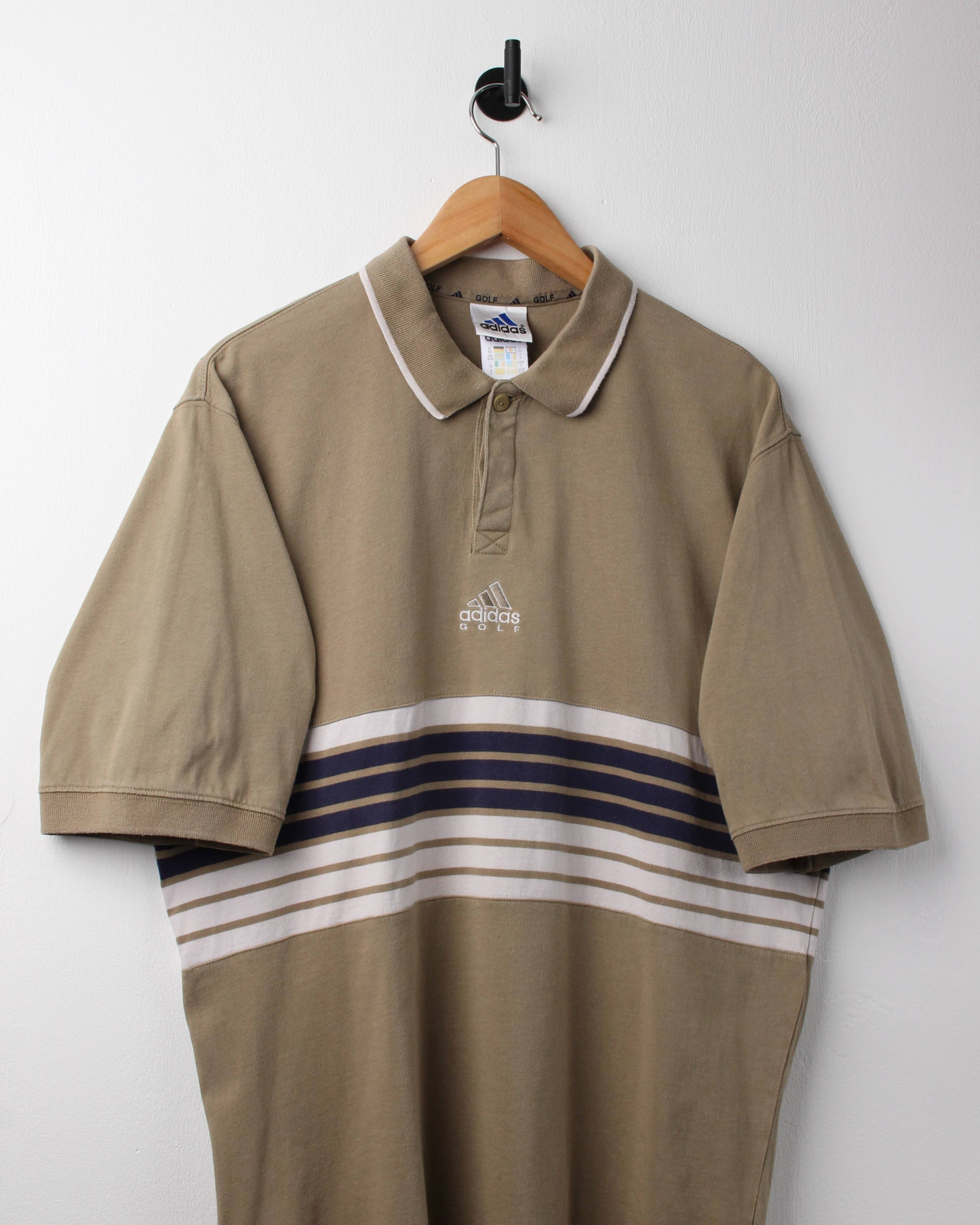 90s Adidas Centre Logo Khaki Striped Polo (M)