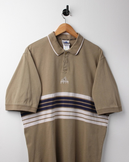90s Adidas Centre Logo Khaki Striped Polo (M)