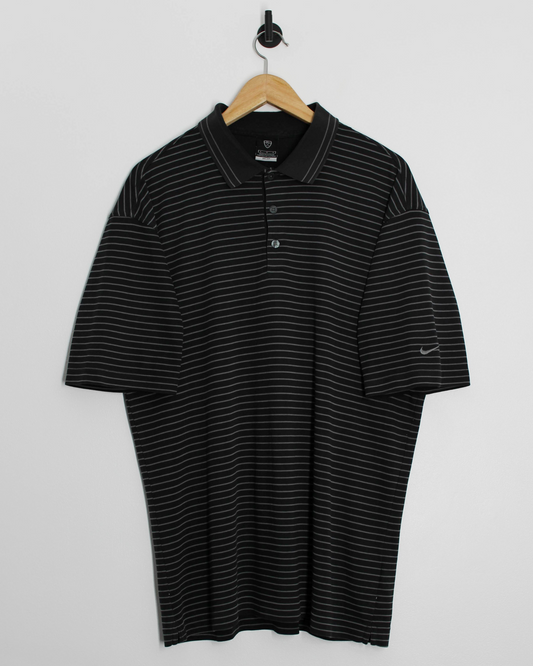 00s Nike Navy/White Striped Polo-Shirt (L)