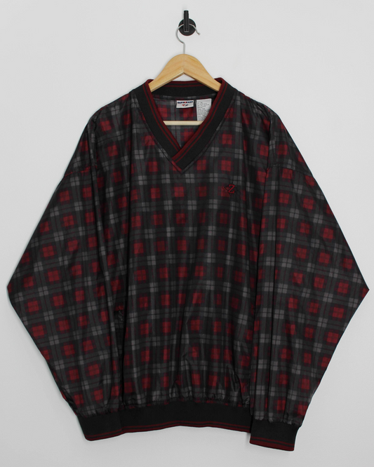 90s Jerzees Red/Black Plaid V-Neck Windbreaker (XL)