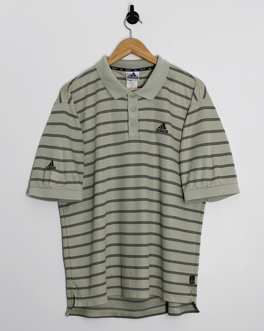00s Adidas Light Green Striped Polo-Shirt (M)