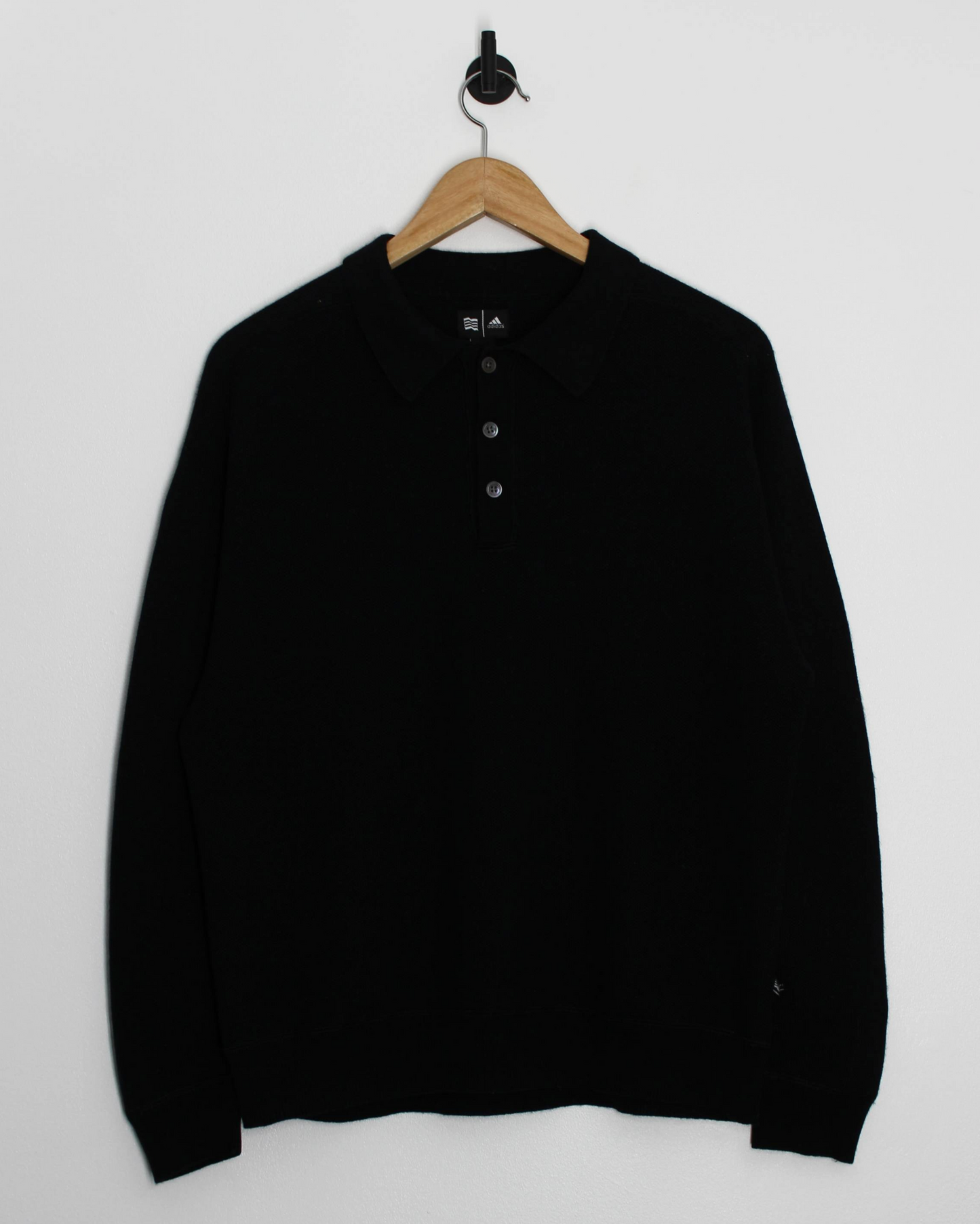 00s Adidas Black Cashmere Long Sleeve Polo-Shirt (M)