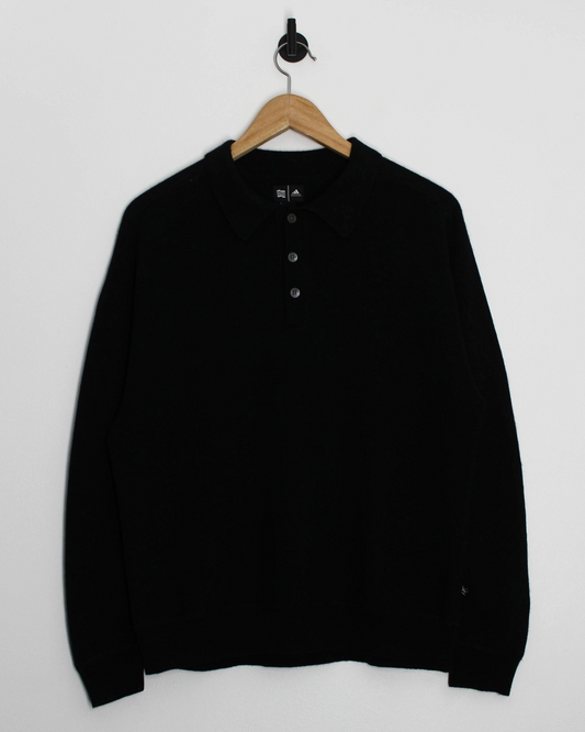 00s Adidas Black Cashmere Long Sleeve Polo-Shirt (M)