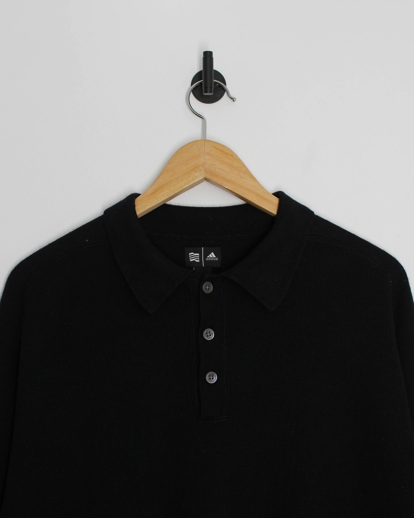 00s Adidas Black Cashmere Long Sleeve Polo-Shirt (M)