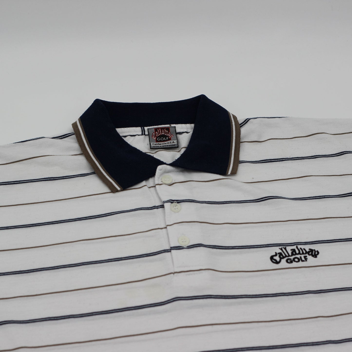 Callaway White/Blue/Gold Striped polo-Shirt (XL)