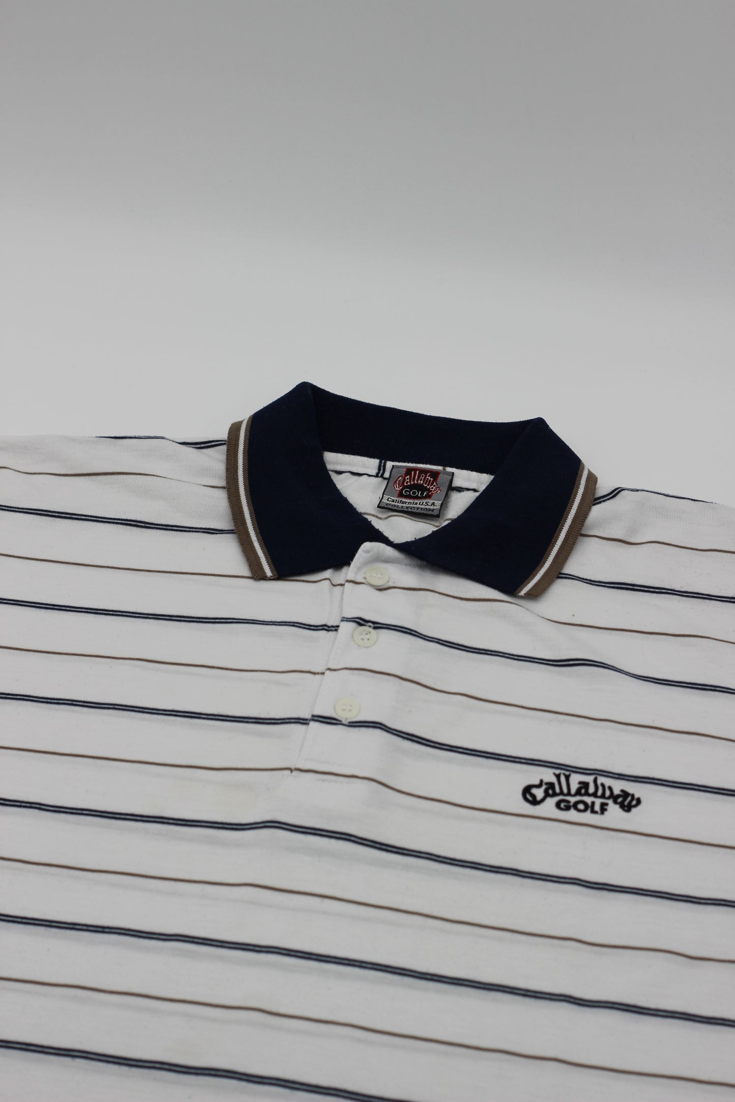 Callaway White/Blue/Gold Striped polo-Shirt (XL)