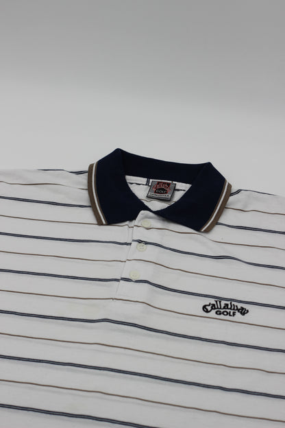 Callaway White/Blue/Gold Striped polo-Shirt (XL)