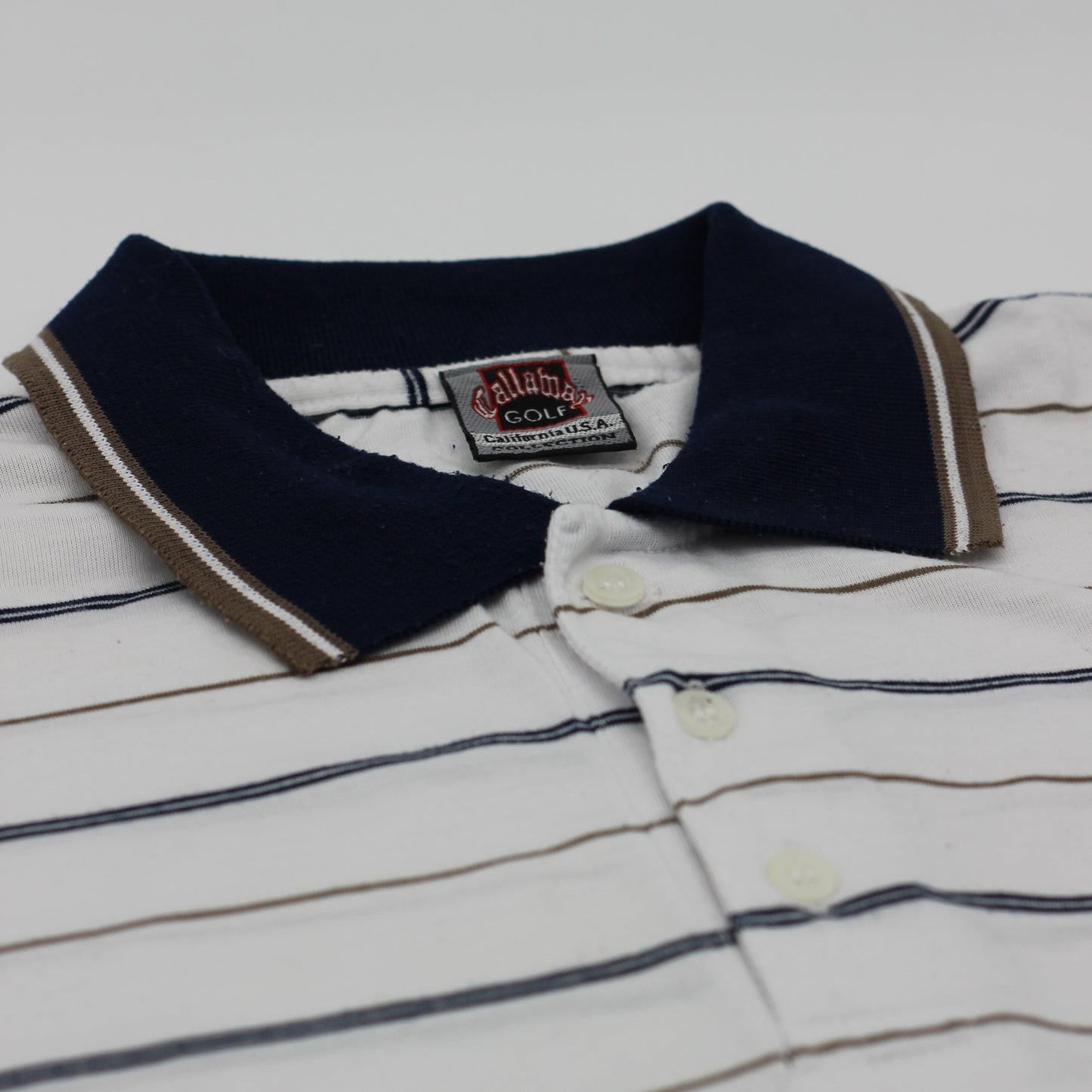 Callaway White/Blue/Gold Striped polo-Shirt (XL)