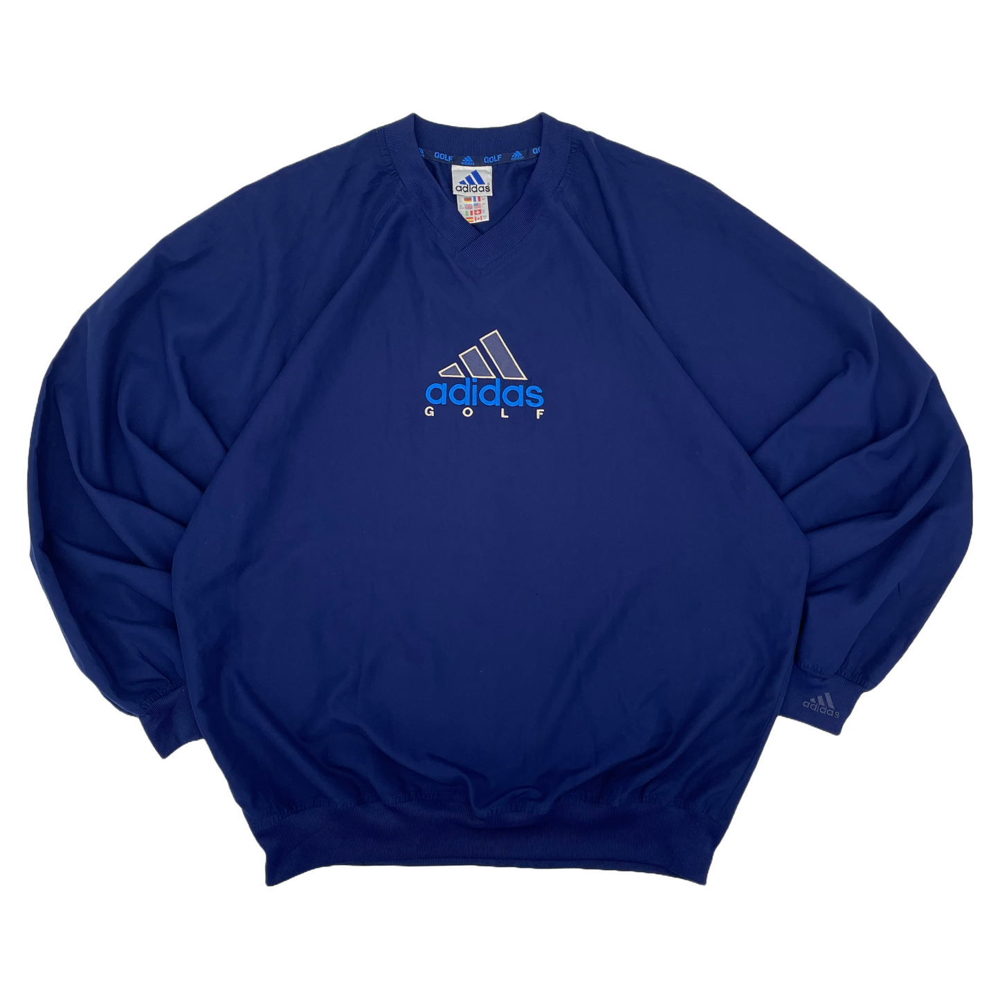 Blue Adidas golf windbreaker on a white background