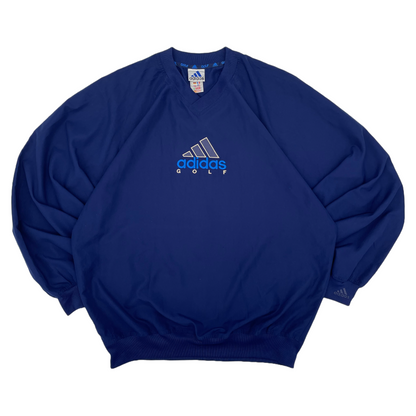 Blue Adidas golf windbreaker on a white background